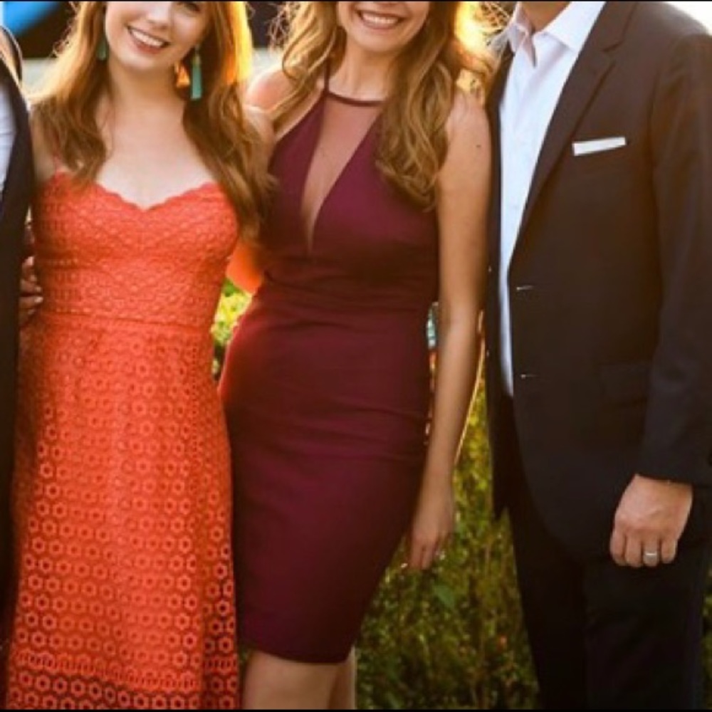 Nordstrom Maroon Bodycon midi dress w/ mesh front